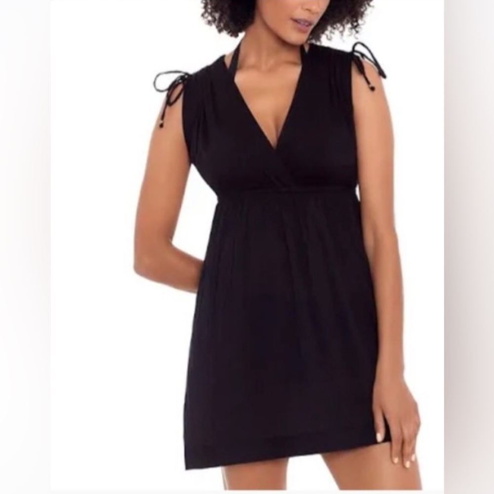 Women Lauren By Ralph Lauren Black Farrah V Neck Cover Up Ruched Shoulder Large